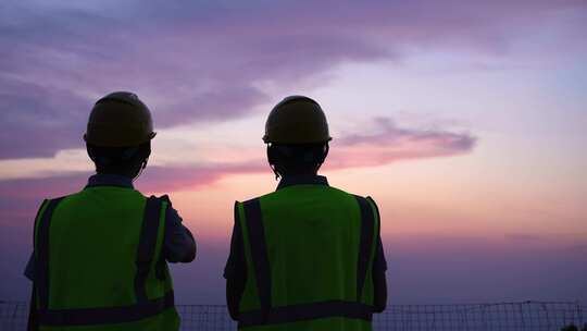 两位工程师在夕阳下交通背影
