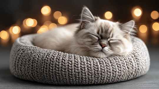 舒适猫咪在柔软猫窝里安静睡眠