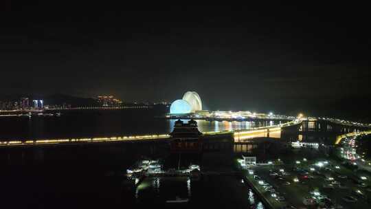 珠海日月贝夜景航拍夜晚珠海大剧院珠海地标