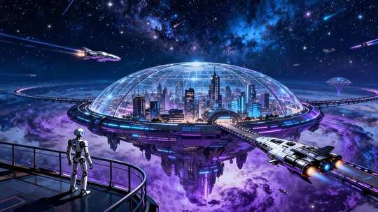 机器人眺望未来太空城市