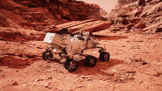 机器人探测仪在火星星球地表山川科研勘察