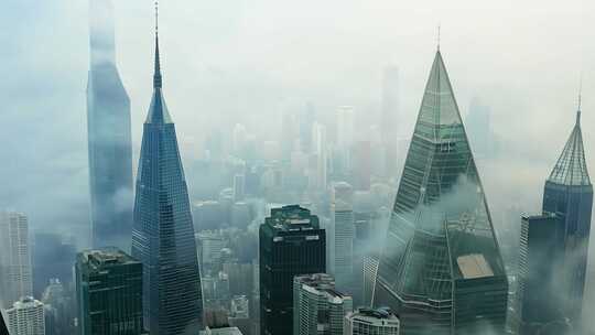 雾中城市摩天大楼的壮观景象