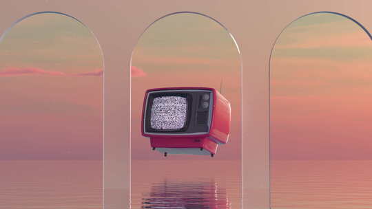 水上超现实日落讲台门户与粉红色电视浮动