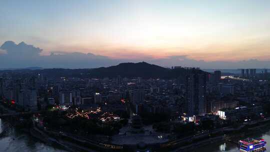 四川宜宾三江交汇处合江楼晚霞夜景航拍