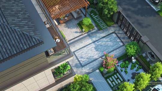 新中式别墅园林庭院唯美景观三维动画
