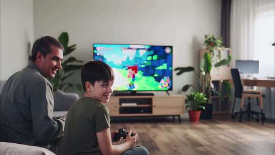 父子客厅玩视频游戏场景