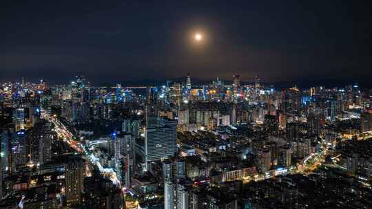 深圳宝安南山月亮升起夜景航拍延时