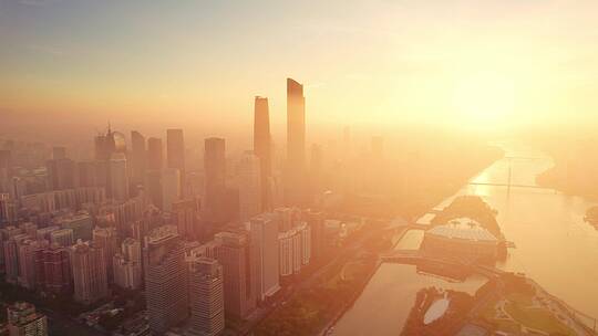 航拍夕阳下广州市区现代城市都市风光