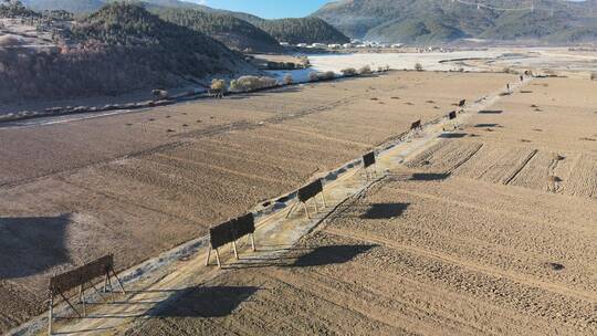 冬季藏区香格里拉牧场农场清晨高清航拍素材