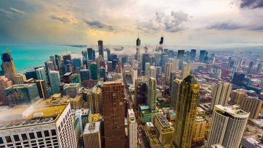 美国芝加哥高空鸟瞰航拍延时摄影