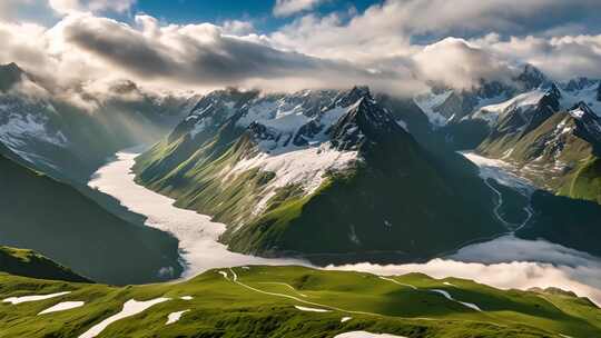 雪山绿地相间的壮美自然风光全景