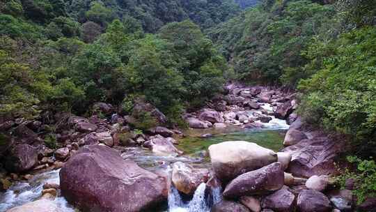 航拍武夷山大安源峡谷森林中的清澈溪流岩石