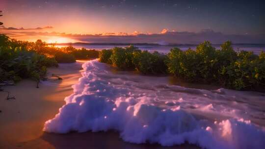 海滩日落海浪与绿植景观