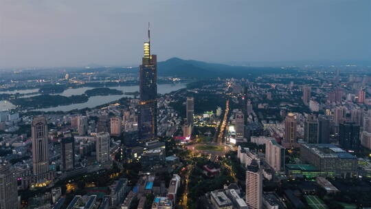 南京城市繁华风景航拍紫峰大厦密度蓝调