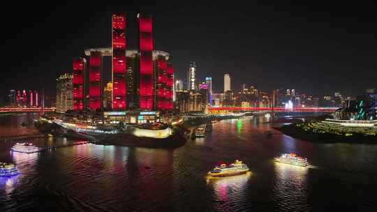 重庆朝天门重庆大剧院嘉陵江夜景航拍