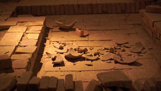 考古现场破碎的陶瓷青花瓷历史文物破损碎片
