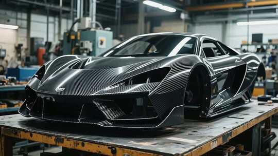 工厂内的黑色跑车模型