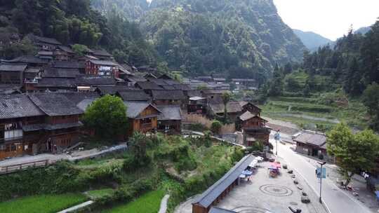 航拍贵州朗德苗寨苗族村落山水大气景色