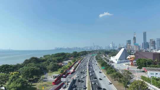 深圳海岸线航拍深圳湾公园红树林滨海大道