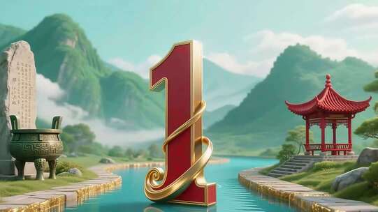 中式山水场景中的数字1元素
