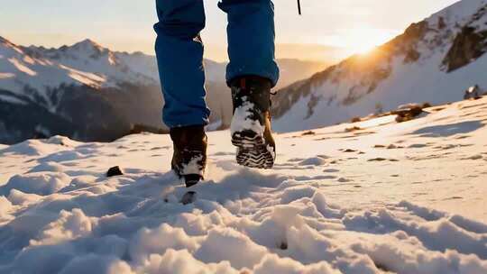 雪地徒步者背影与雪山日落