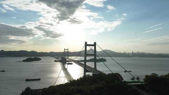 东莞虎门大桥日落夕阳航拍珠江黄昏河流风景