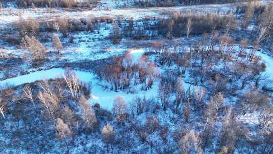 航拍冰雪覆盖的冻土森林湿地