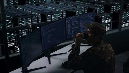 亚洲军队喝咖啡和在数据中心用电脑写代码的
