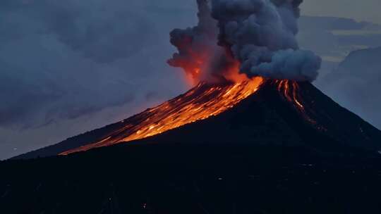 火山喷发 岩浆飞溅 熔岩炙热 烟柱冲天