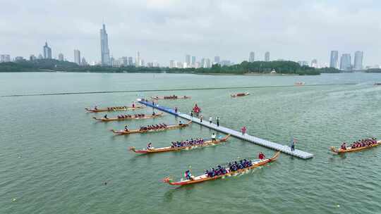 南京玄武湖端午节划龙舟比赛端午龙舟赛航拍