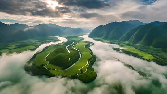 航拍山川河流云雾景观