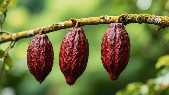树枝上的可可果实特写