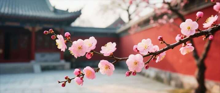 古建筑前绽放的粉色花朵