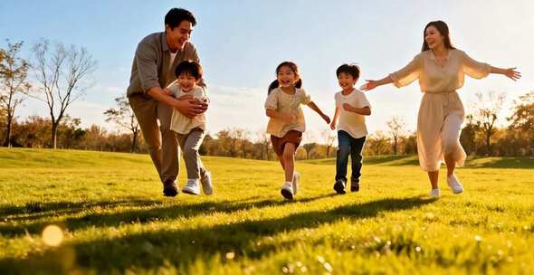 一家人在草地欢乐奔跑