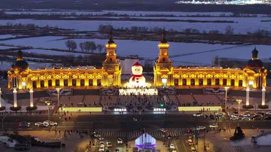 哈尔滨音乐长廊大雪人夜景航拍