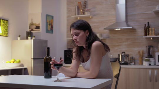 悲伤的女人在厨房吧台喝酒视频素材模板下载
