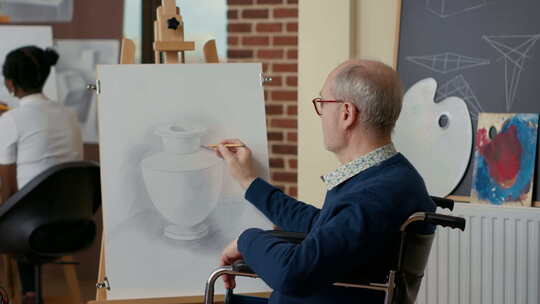 老人在画布上画花瓶