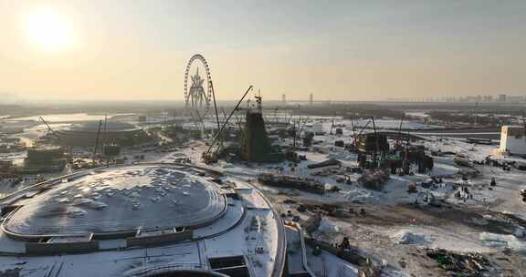 航拍建设中的第25届哈尔滨冰雪大世界