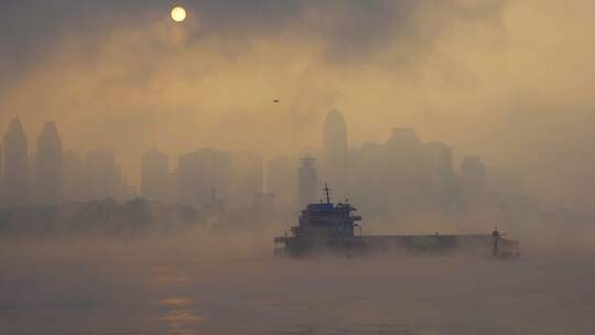 实拍长江边晨雾中的日出