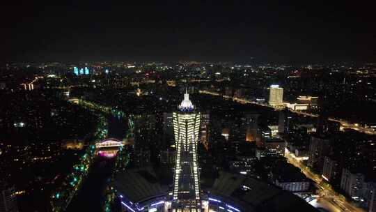 杭州城市夜景西湖广场航拍