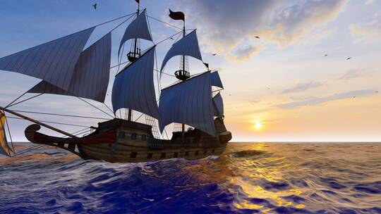 4K 夕阳下乘风破浪驶向远方的木制帆船