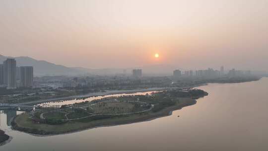 厦门马銮湾公园日落航拍湿地公园海沧区夕阳