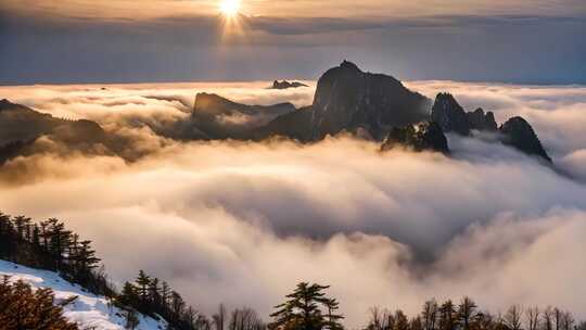 阳光照耀下的云海与山峰美景