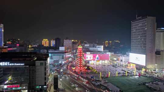 中国河南郑州二七广场 二七塔 夜景航拍