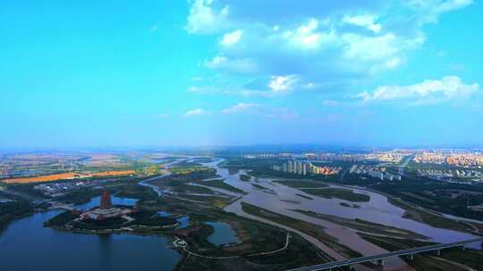黄河湿地生态建设-大桥河流湿地城市航拍视频素材模板下载