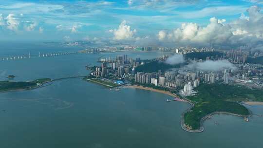 空中俯瞰珠海城市航拍珠海地标大剧院日月贝