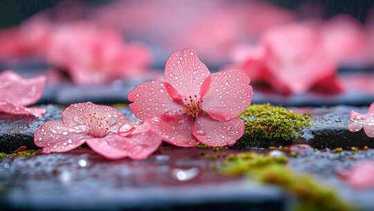 雨中带水珠的粉色落花特写