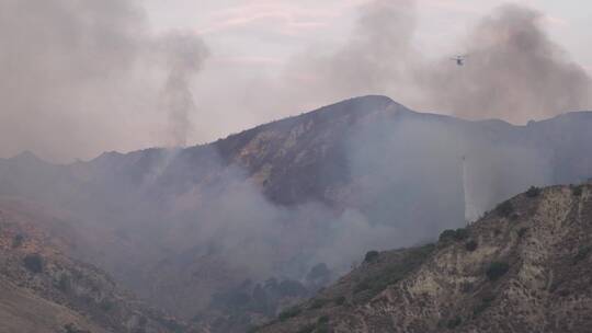 直升机在灌木丛火上向下洒水视频素材模板下载