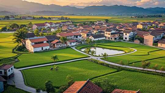 航拍乡村田野村庄宁静田园自然风光