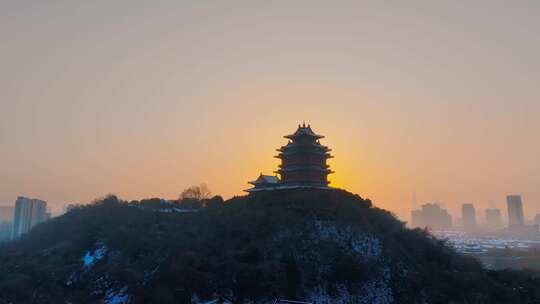 南京阅江楼日出雪景航拍